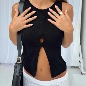 Black High Neck Sleeveless Tank Top with Cut Out Detail